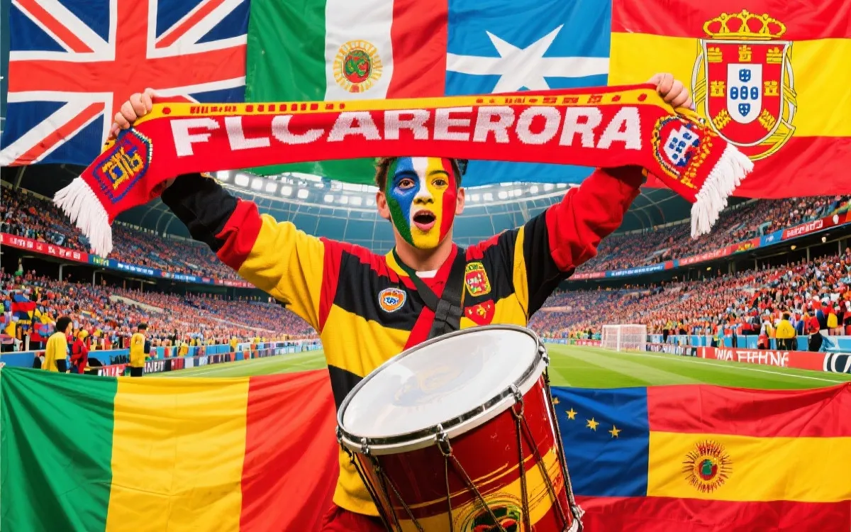 不同国家球迷文化对比：球迷围巾、鼓点、手绘脸谱与看台旗帜，拼贴海报风格